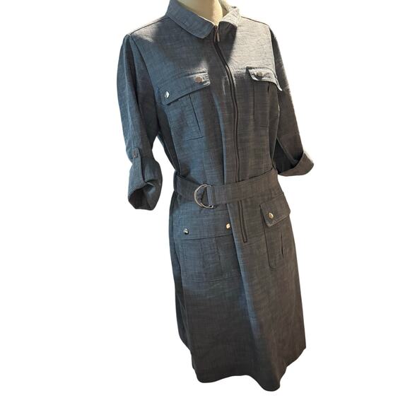Sharagano Belted Utility Zip Front Shirt Dress, Slate Blue Chambray, Size 14 - Picture 4 of 11